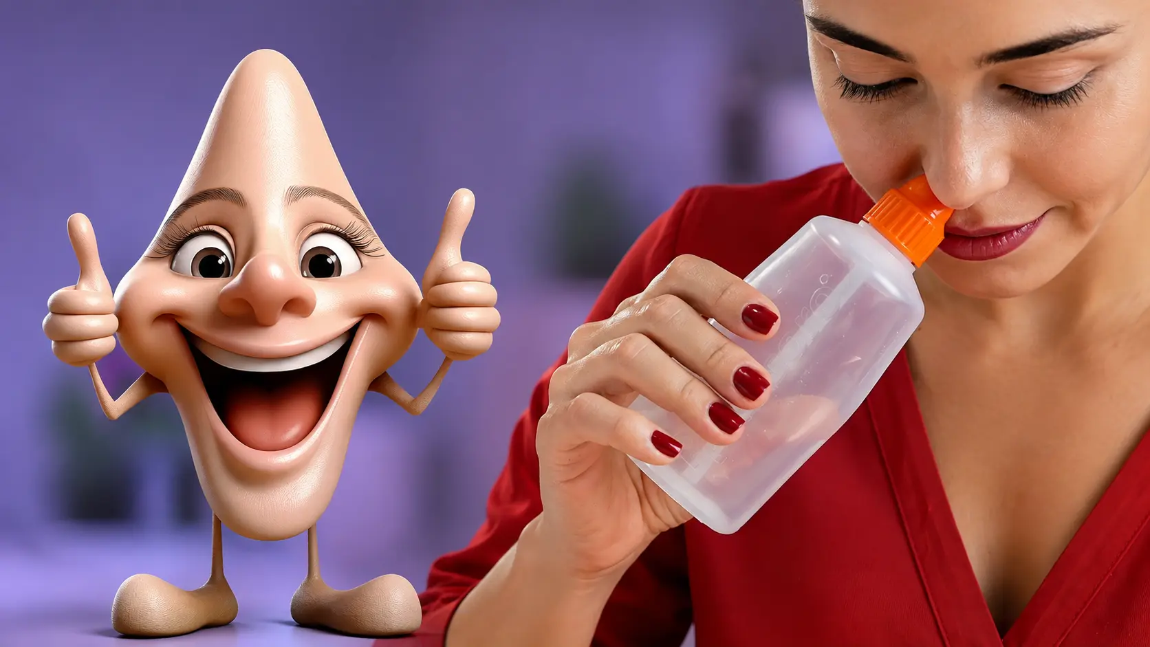Ilustração de nariz sorridente ao lado de mulher fazendo lavagem nasal com garrafinha de soro fisiológico