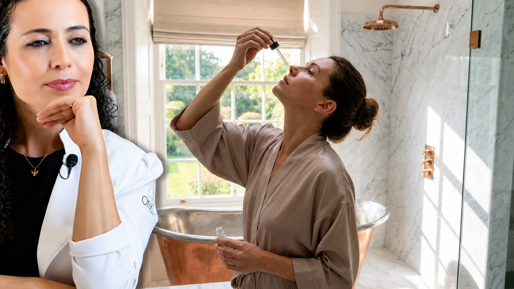 Dra. Larissa Vilela segurando um frasco de água oxigenada, alertando contra o uso no nariz