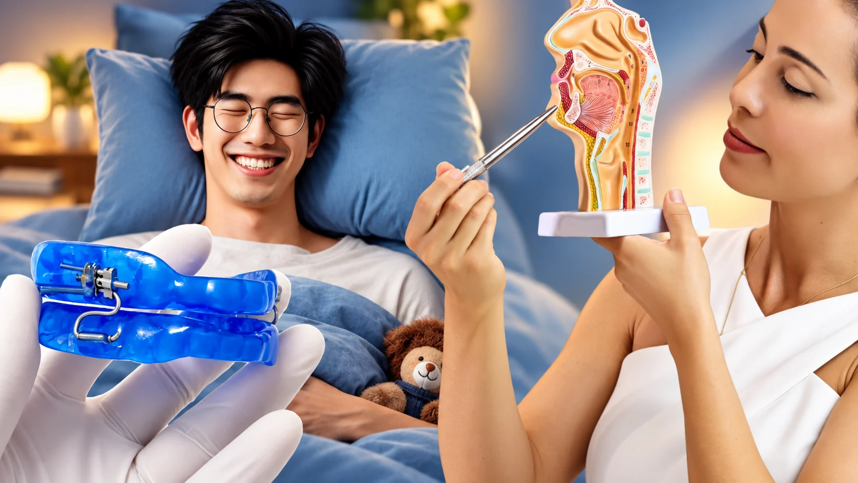 Aparelho intraoral azul em primeiro plano, homem dormindo e profissional mostrando a passagem do ar em um modelo anatômico da cabeça