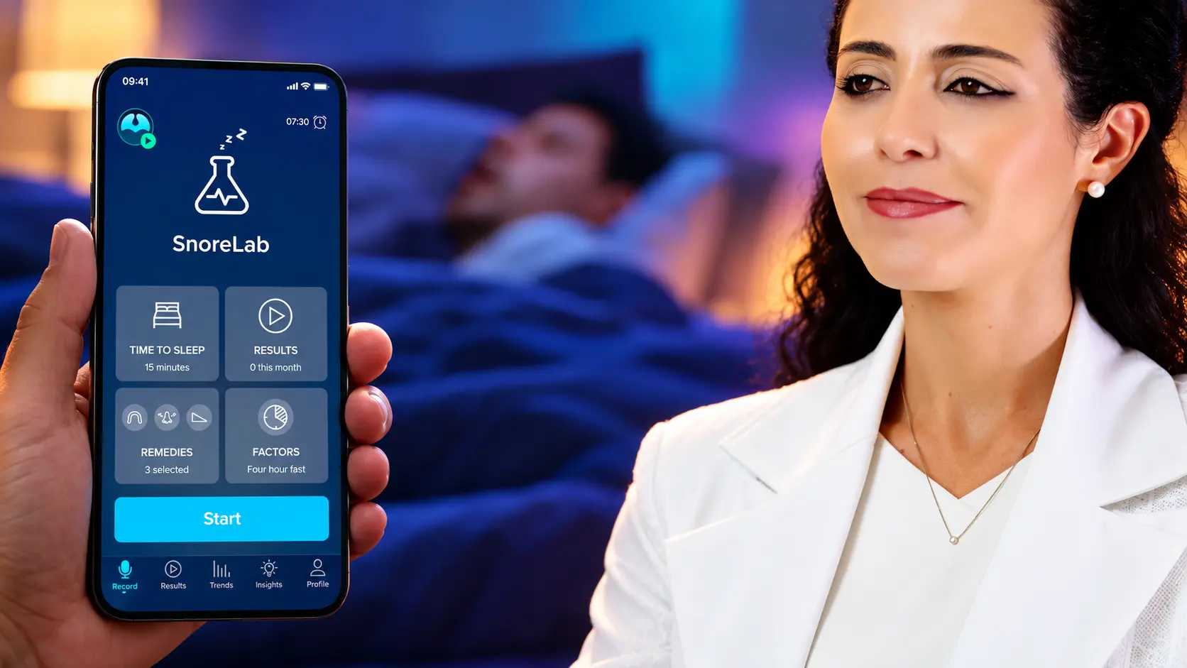 Celular com a tela inicial do aplicativo SnoreLab® ao lado da Dra. Larissa Vilela, com um homem dormindo de boca aberta ao fundo
