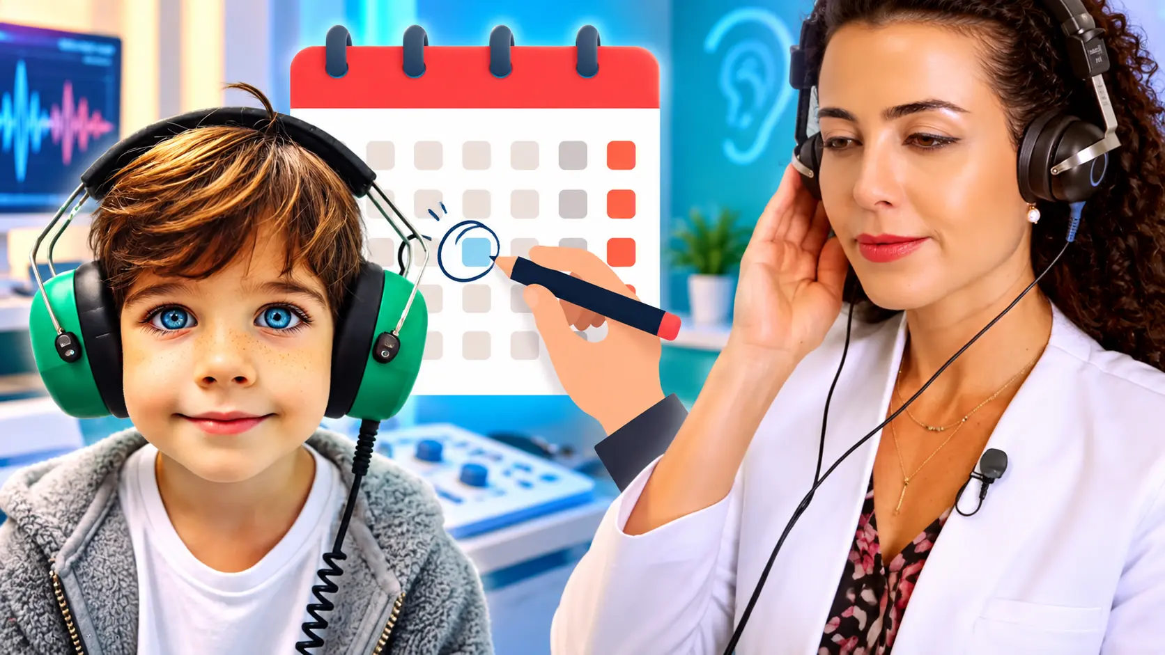 Menino com fones de audiometria verdes, calendário com uma data marcada e a Dra. Larissa Vilela de jaleco branco usando fones de ouvido
