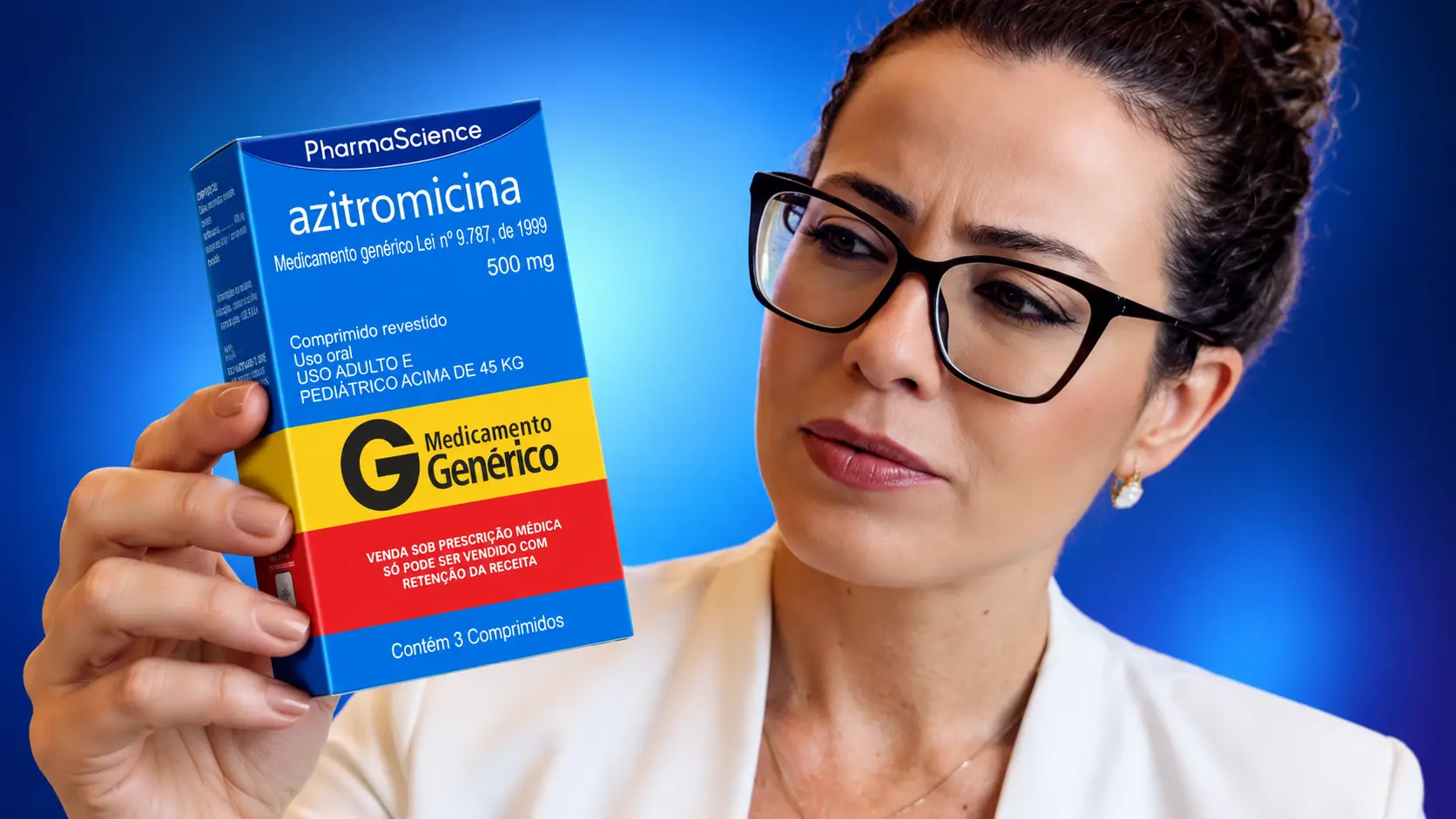 Dra. Larissa Vilela observa uma caixa de azitromicina antes de explicar seu uso em infecções de ouvido, nariz e garganta