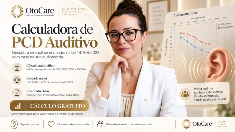 Dra. Larissa Vilela ao lado de um audiograma com as marcações das orelhas direita e esquerda, ilustrando a calculadora de PCD auditivo