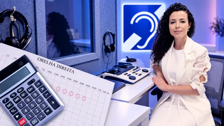 Dra. Larissa Vilela em cabine de audiometria, ao lado do símbolo de deficiência auditiva, com calculadora sobre um audiograma da orelha direita