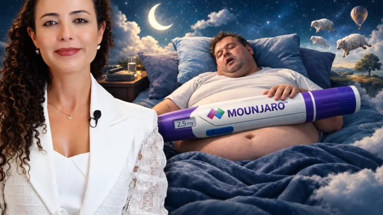 Caneta aplicadora de Mounjaro® ao lado de ilustrações sobre o controle do peso e a desobstrução da via aérea na apneia do sono