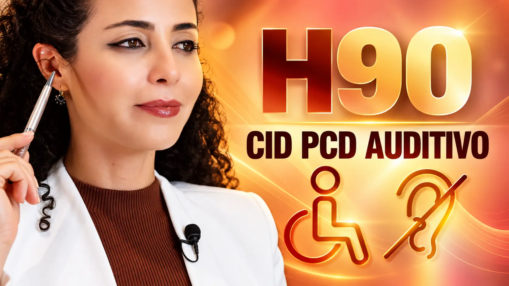 Dra. Larissa Vilela ao lado do texto H90, CID PCD auditivo, com os símbolos de pessoa com deficiência e de deficiência auditiva