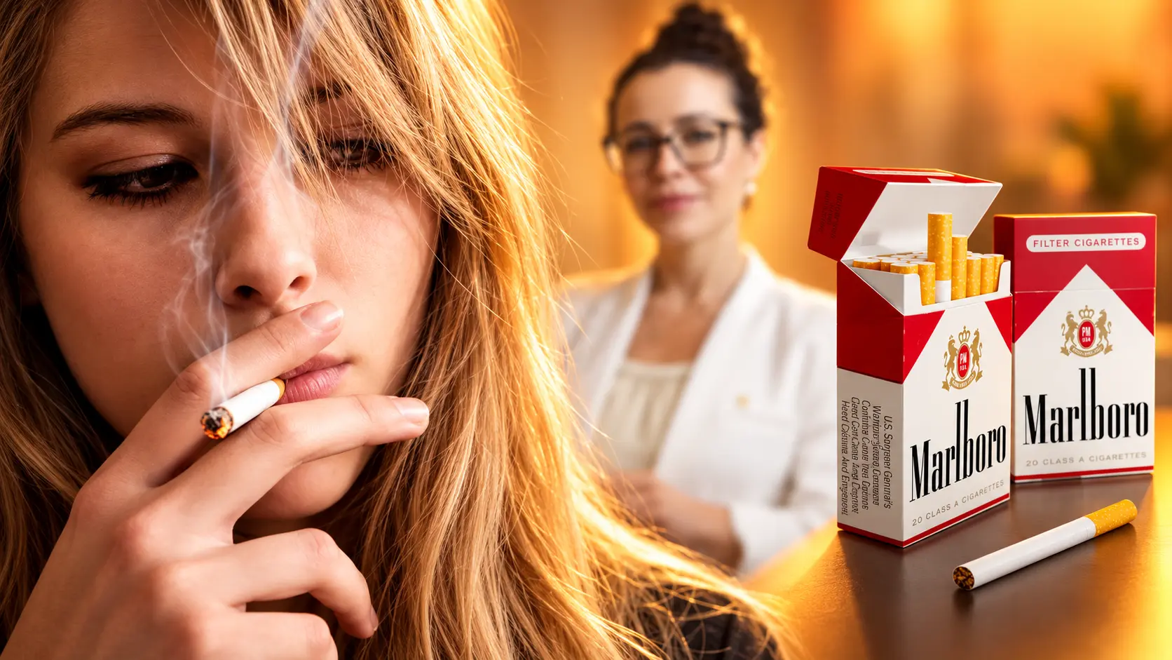 Jovem fumando um cigarro em primeiro plano, com a Dra. Larissa Vilela ao fundo e maços de cigarro sobre a mesa