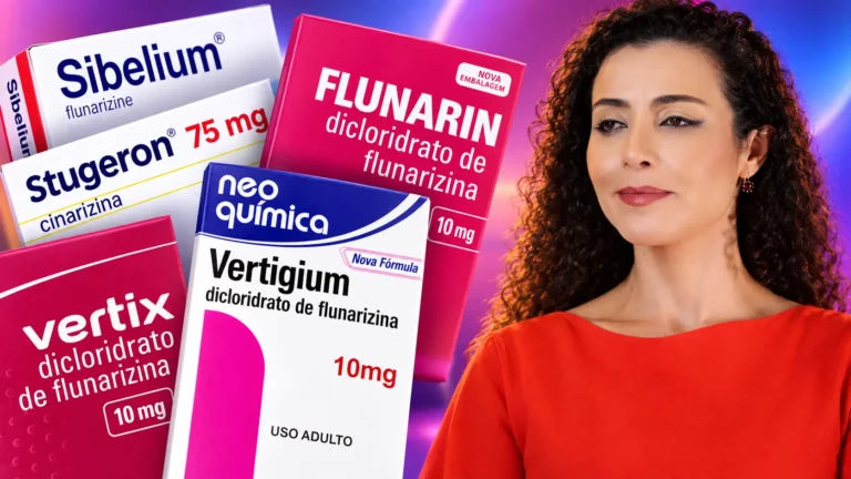 Dra. Larissa Vilela ao lado de embalagens de cinarizina e flunarizina