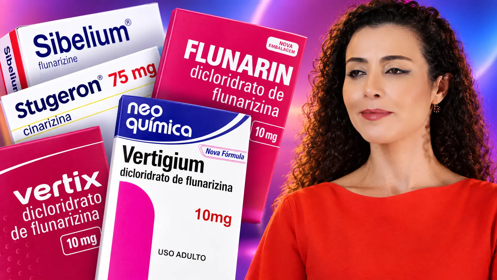 Dra. Larissa Vilela ao lado de embalagens de cinarizina e flunarizina