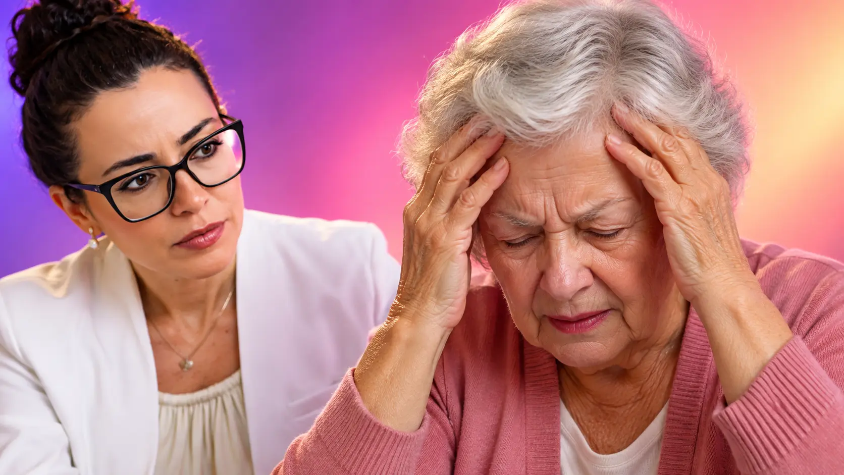Médica observa paciente idosa com as mãos na cabeça durante episódio de dor intensa