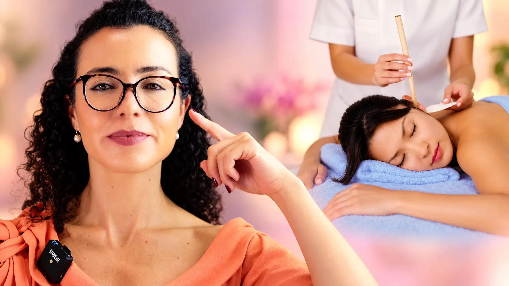 Dra. Larissa Vilela ao lado de uma sessão de cone hindu, com a vela colocada no ouvido de uma paciente deitada