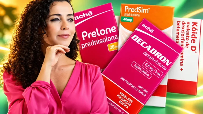 Médica otorrinolaringologista Larissa Vilela, pensativa, ao lado das caixas de Prelone®, PredSim®, Decadron® e Kóide D®, corticoides orais