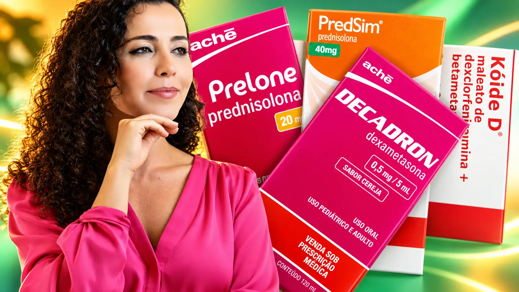 Médica otorrinolaringologista Larissa Vilela, pensativa, ao lado das caixas de Prelone®, PredSim®, Decadron® e Kóide D®, corticoides orais
