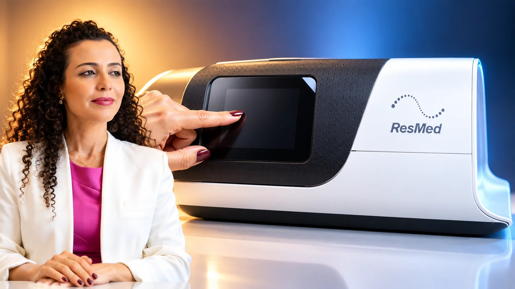 Médica ao lado de um aparelho de CPAP ResMed com tela sensível ao toque