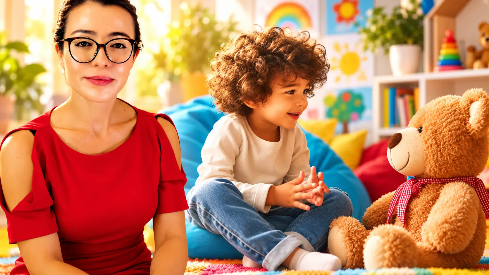Dra. Larissa Vilela de vestido vermelho sentada ao lado de um menino de cabelo cacheado que conversa sorrindo com um urso de pelúcia numa sala de brinquedos