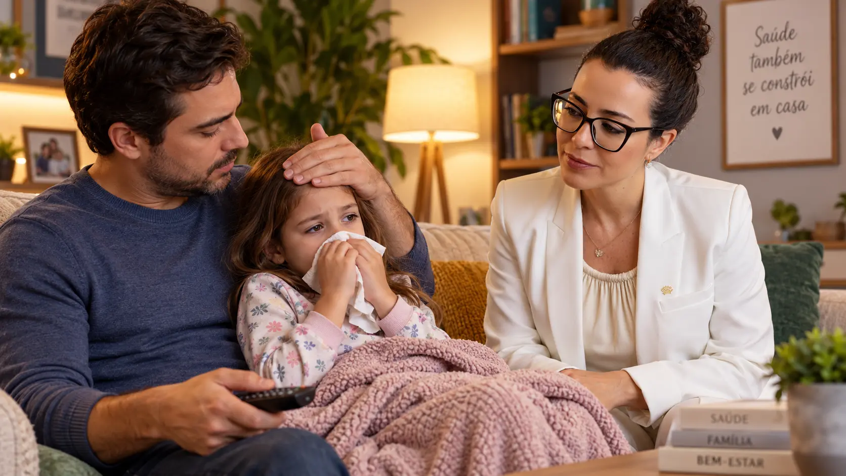 Pai toca a testa de menina resfriada enquanto médica conversa com a família