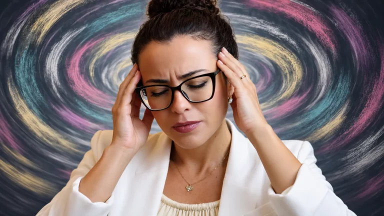 Mulher de óculos leva as mãos à cabeça diante de fundo em espiral que representa uma crise de tontura