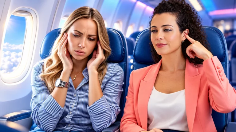 Duas passageiras em um avião; uma delas segura os ouvidos por desconforto durante o voo