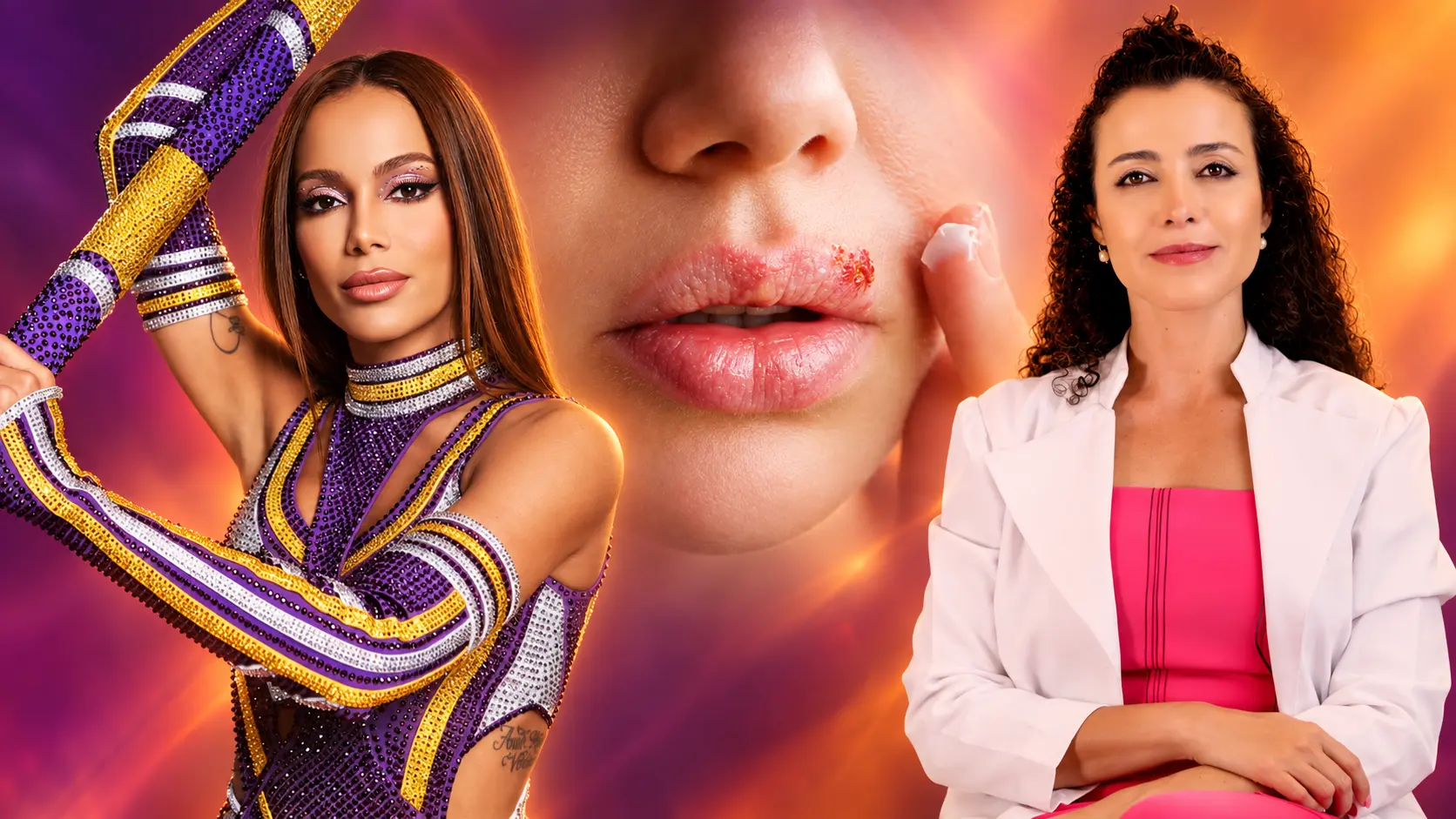Cantora com figurino de Carnaval roxo e dourado, close de lábios com uma lesão avermelhada e a Dra. Larissa Vilela de jaleco branco