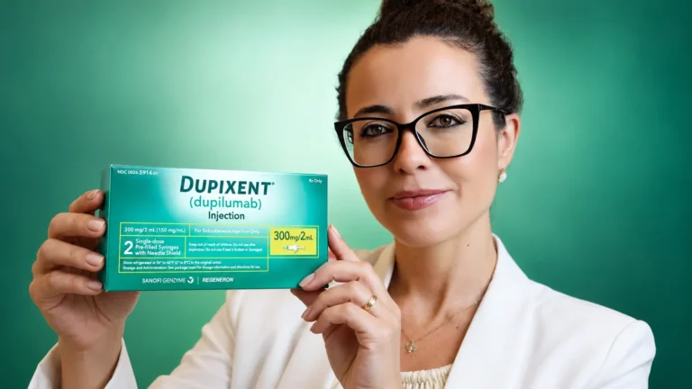 Dra. Larissa Vilela segura uma embalagem de Dupixent® (dupilumabe)