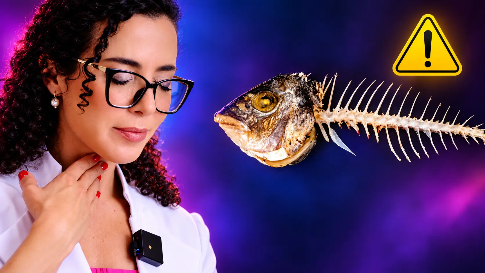 Dra. Larissa Vilela demonstrando em modelo anatômico o que fazer ao engasgar com espinha de peixe