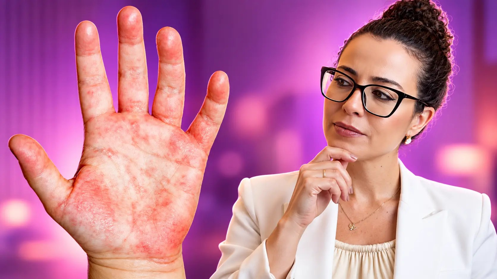 Mão aberta com manchas vermelhas na pele ao lado da Dra. Larissa Vilela, médica otorrino, com expressão pensativa