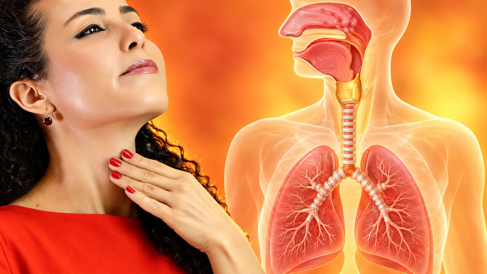 Mulher toca o pescoço ao lado de ilustração anatômica da laringe e das vias respiratórias