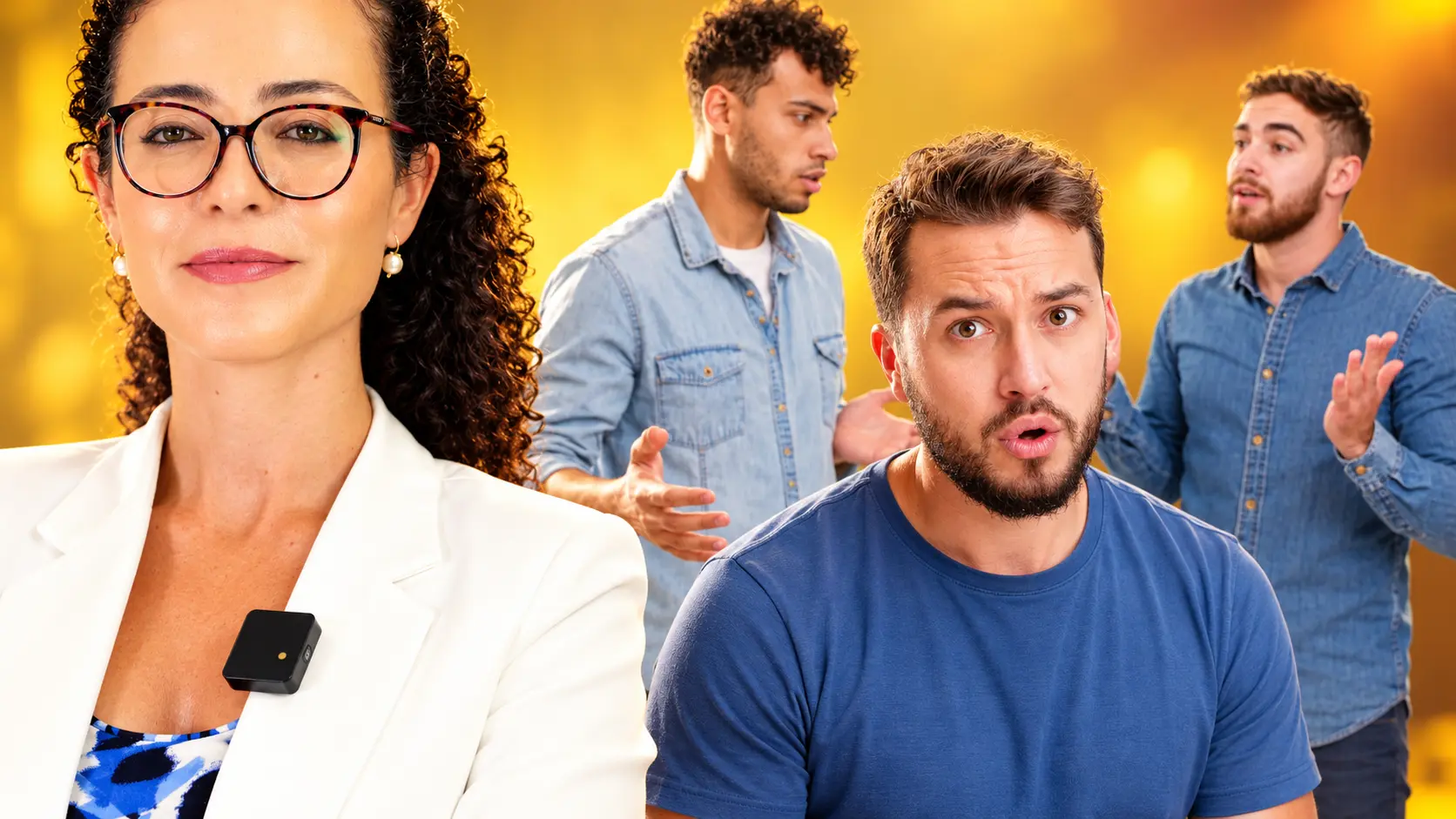 Dra. Larissa Vilela de blazer branco ao lado de um jovem de camiseta azul com expressão de esforço para falar e dois homens gesticulando ao fundo