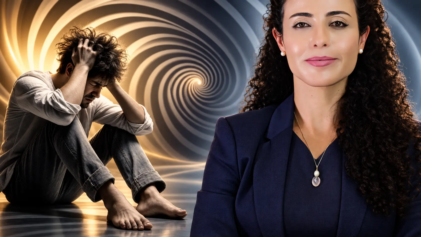 Homem com as mãos na cabeça diante de uma espiral ao lado de médica otorrinolaringologista