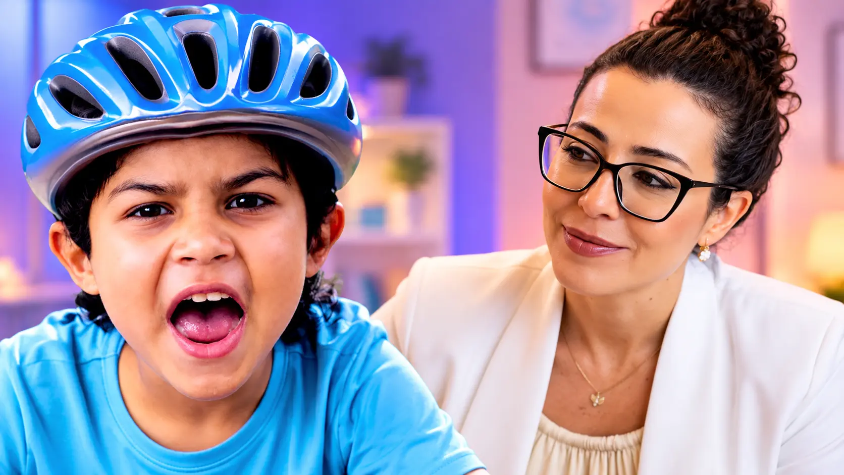 Menino com capacete azul de bicicleta, de boca aberta e com a língua baixa, ao lado da Dra. Larissa Vilela de blazer branco