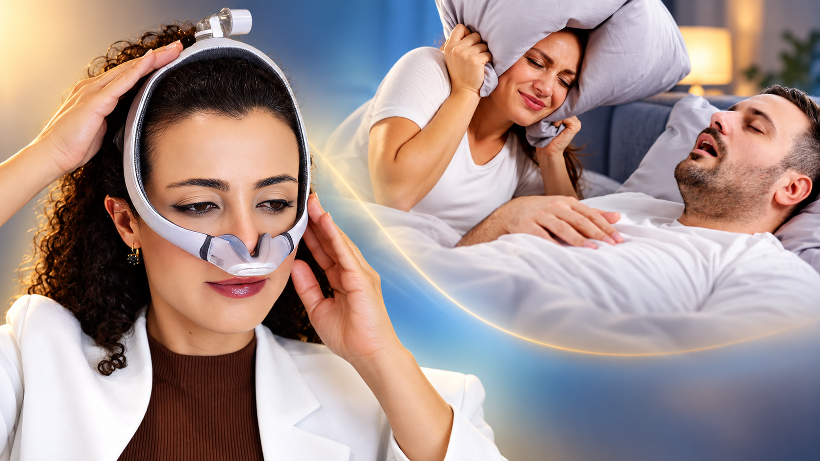 Mulher usa máscara nasal de CPAP enquanto outra pessoa observa parceiro com ronco durante o sono