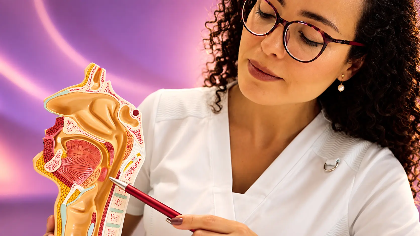 Dra. Larissa Vilela aponta com uma caneta a região das amígdalas em um modelo anatômico da boca e da garganta