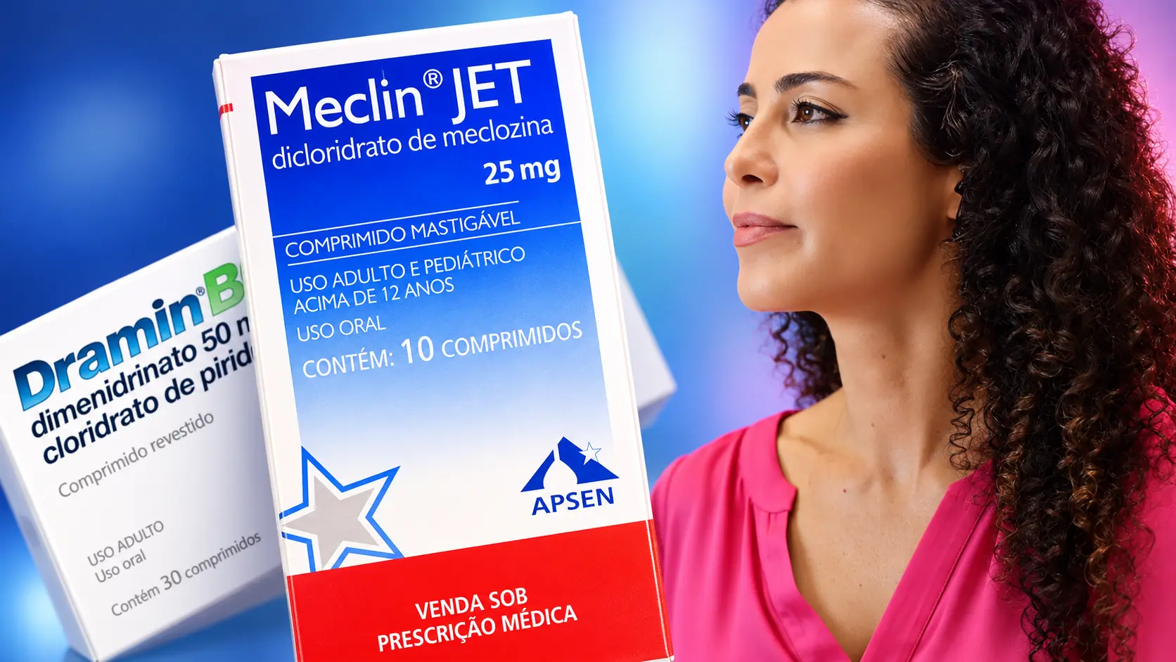 Caixas de Meclin® Jet e Dramin® ao lado de uma mulher