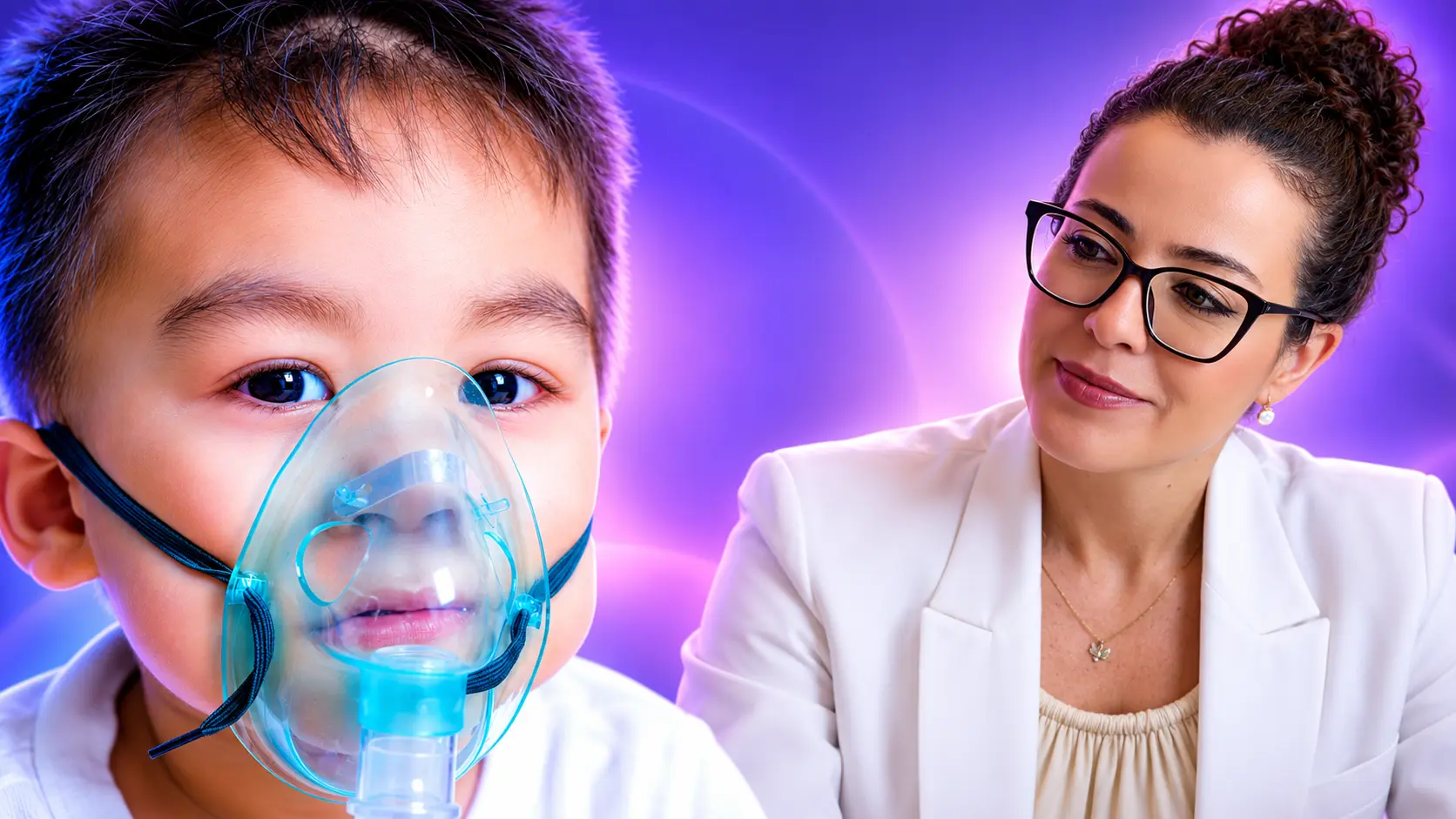 Criança faz nebulização com máscara enquanto a médica otorrinolaringologista Larissa Vilela observa