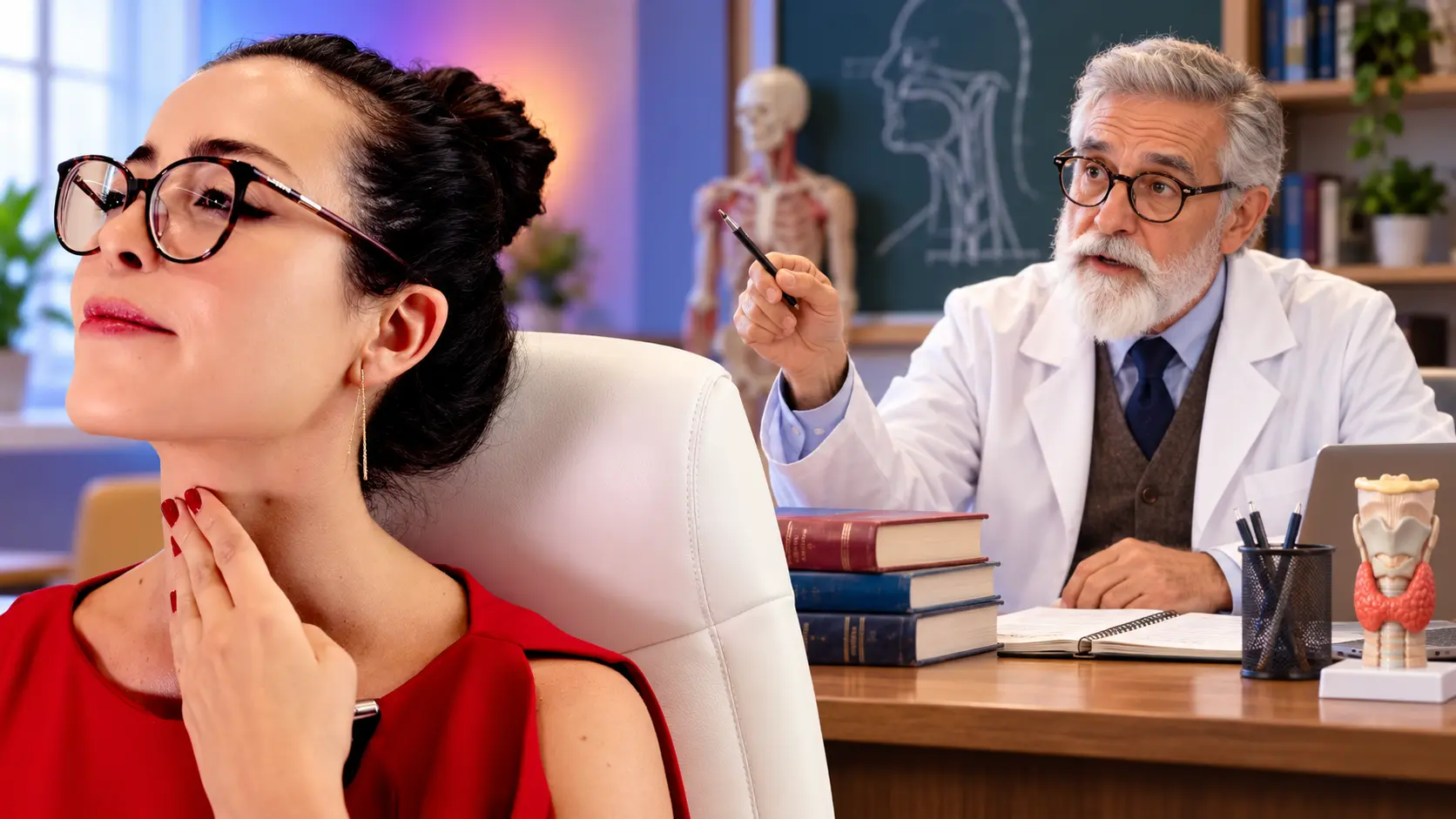 Paciente toca a garganta durante uma consulta sobre alterações da voz