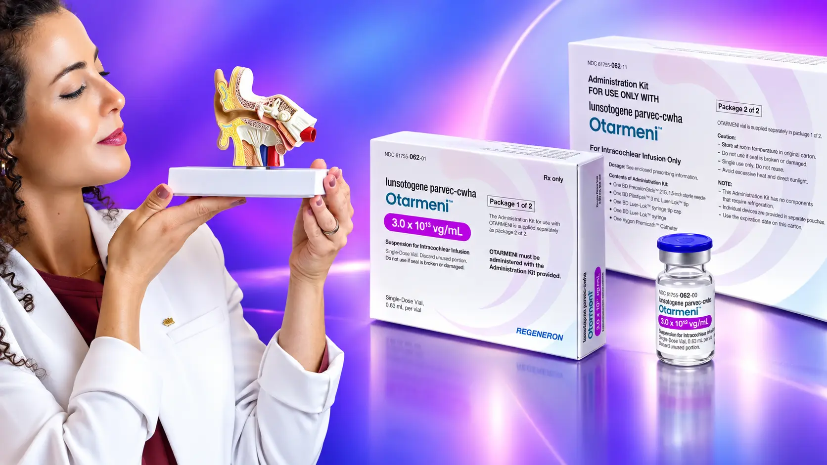 Dra. Larissa Vilela em consultório explicando o medicamento Otarmeni® e a terapia gênica para surdez