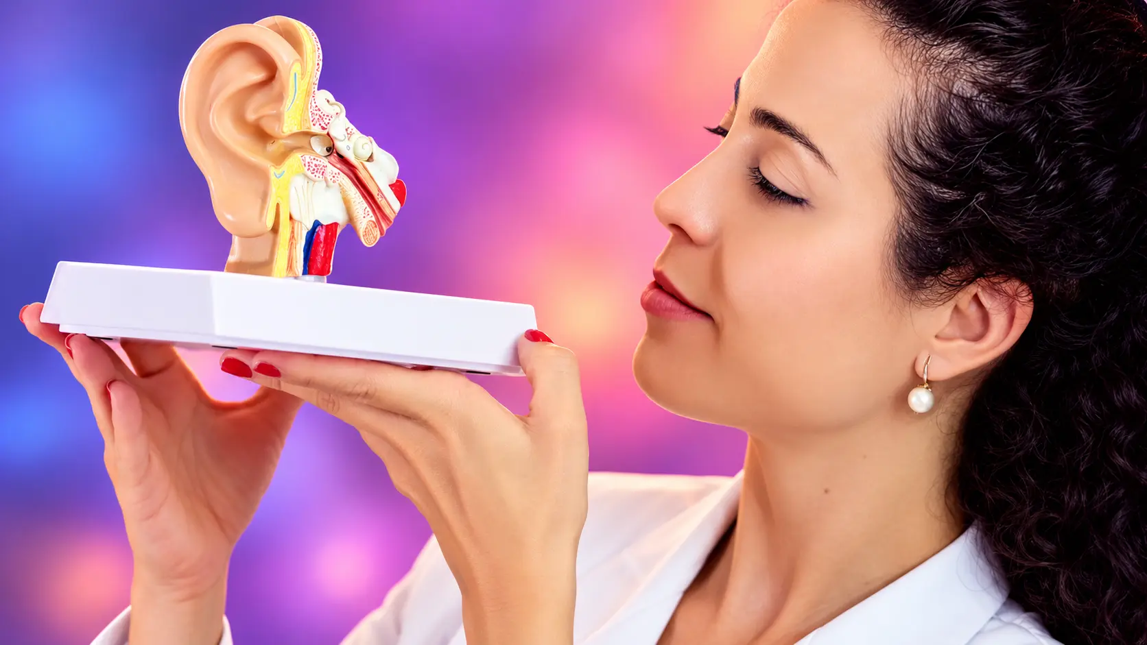 Mulher de jaleco segura um modelo anatômico do ouvido, com a orelha externa, a média e a interna em corte