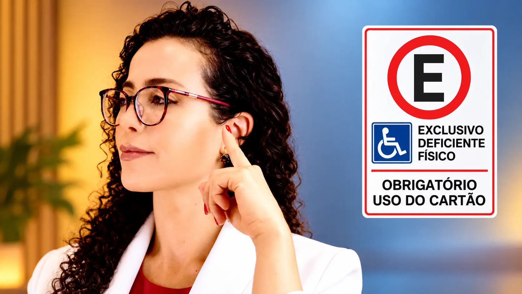Médica com o dedo apontando para a própria orelha ao lado de uma placa de estacionamento exclusivo para pessoa com deficiência