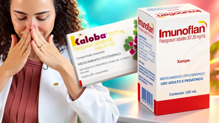 Médica com as mãos sobre o nariz ao lado das caixas de Kaloba® comprimidos e Imunoflan® xarope, fitoterápicos de Pelargonium sidoides