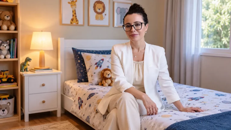 Dra. Larissa Vilela sentada em uma cama infantil dentro de um quarto
