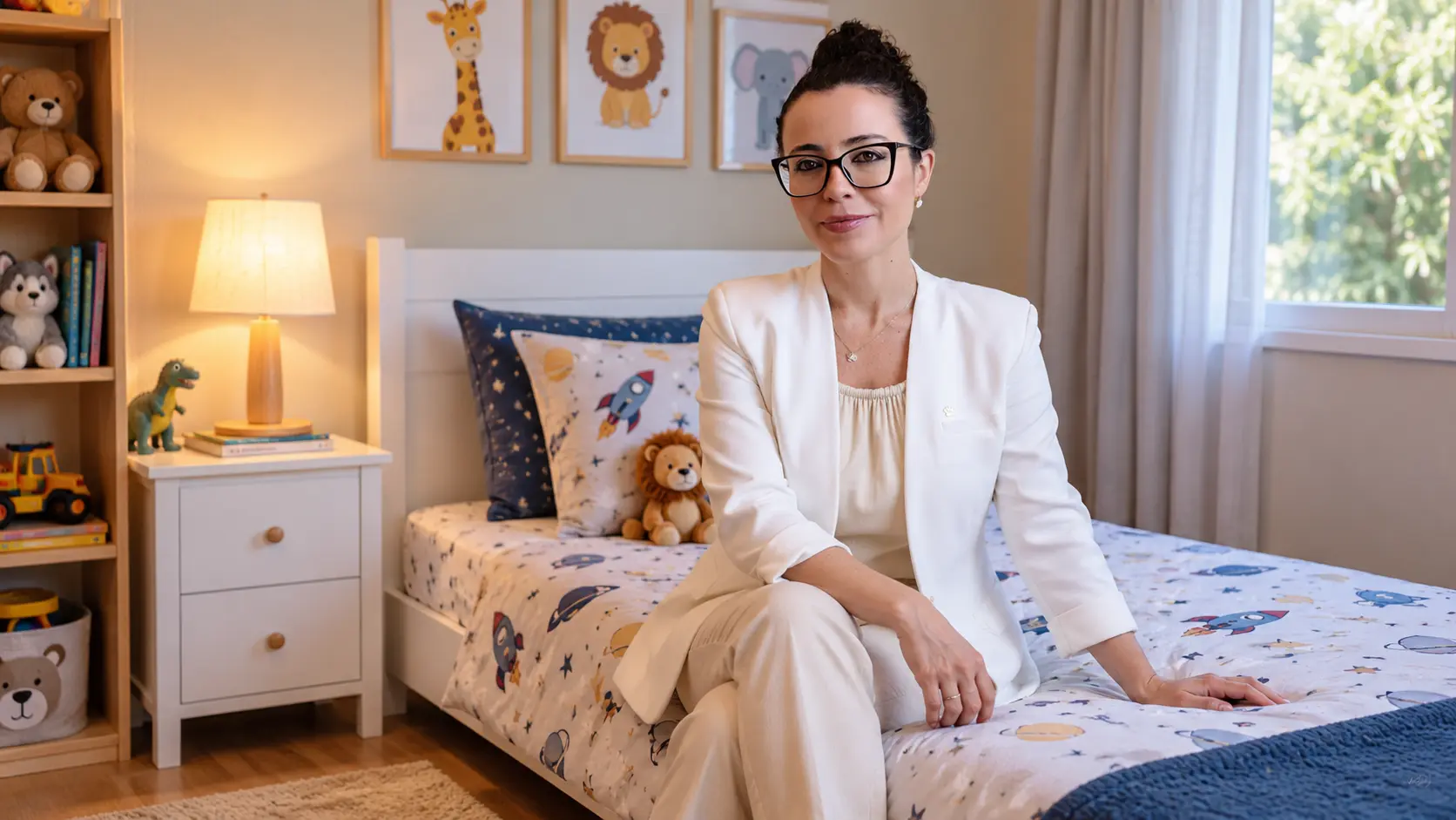 Dra. Larissa Vilela sentada em uma cama infantil dentro de um quarto