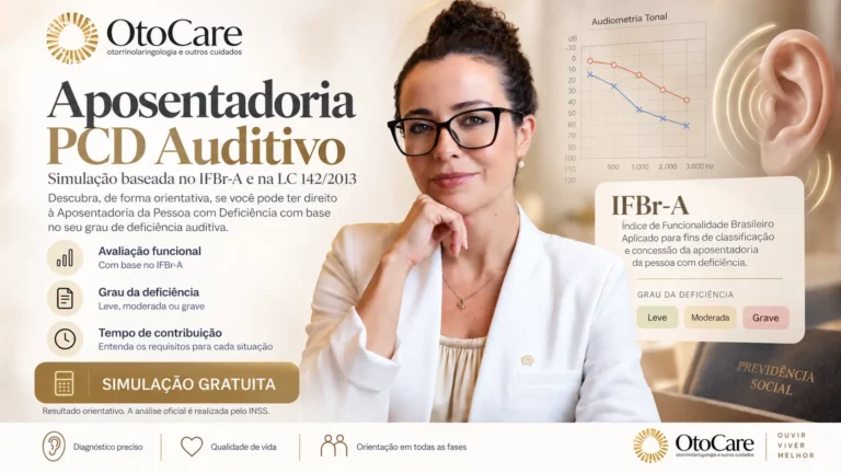 Médica ao lado de um audiograma e de um quadro com os graus leve, moderada e grave do IFBr-A, ilustrando a simulação da aposentadoria PcD