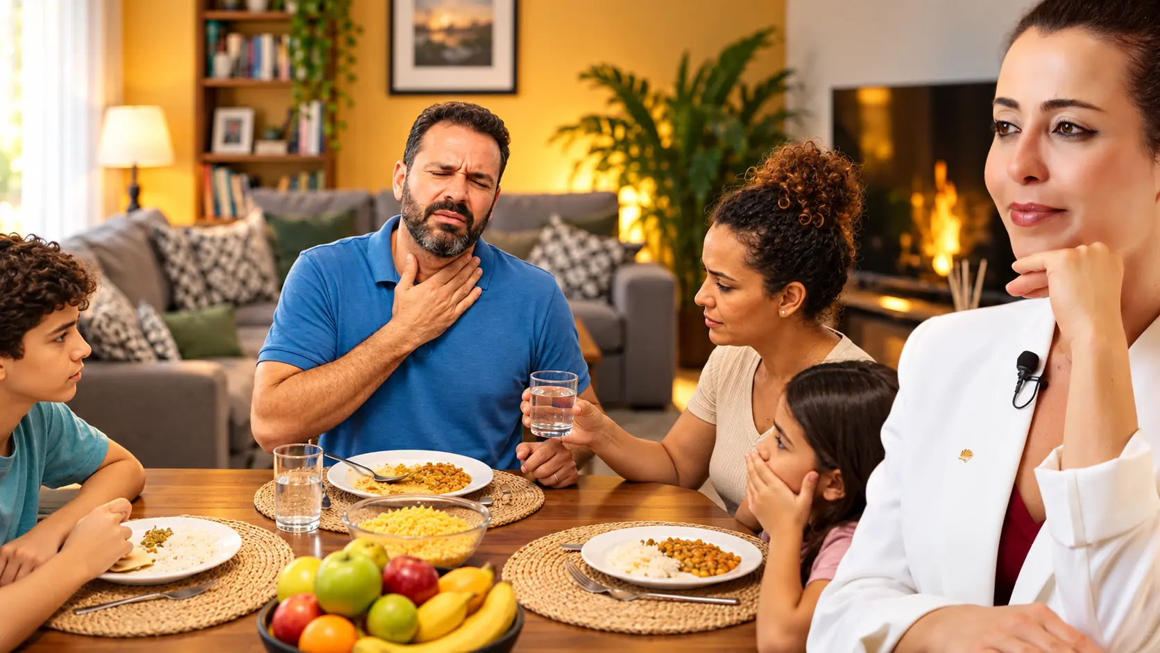 Homem de camisa azul à mesa do jantar com a mão no pescoço e expressão de desconforto na garganta, observado pela família, e a Dra. Larissa Vilela de blazer branco