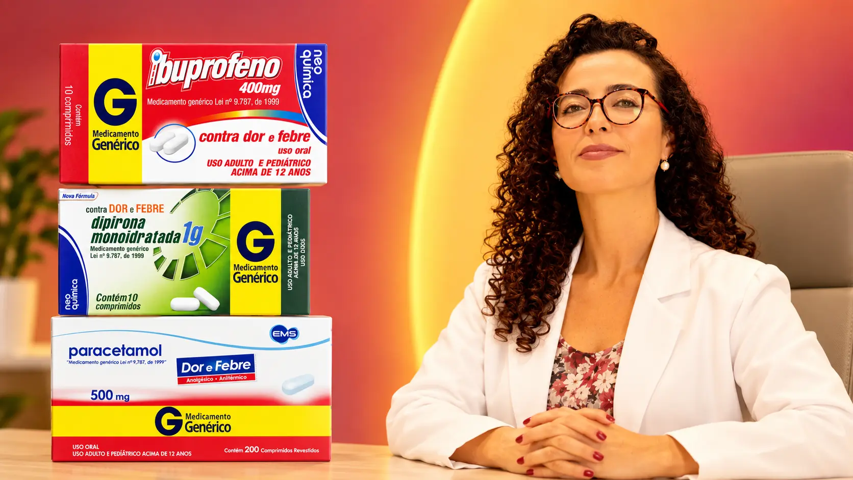 Caixas de ibuprofeno, dipirona e paracetamol genéricos empilhadas ao lado de uma médica de jaleco branco