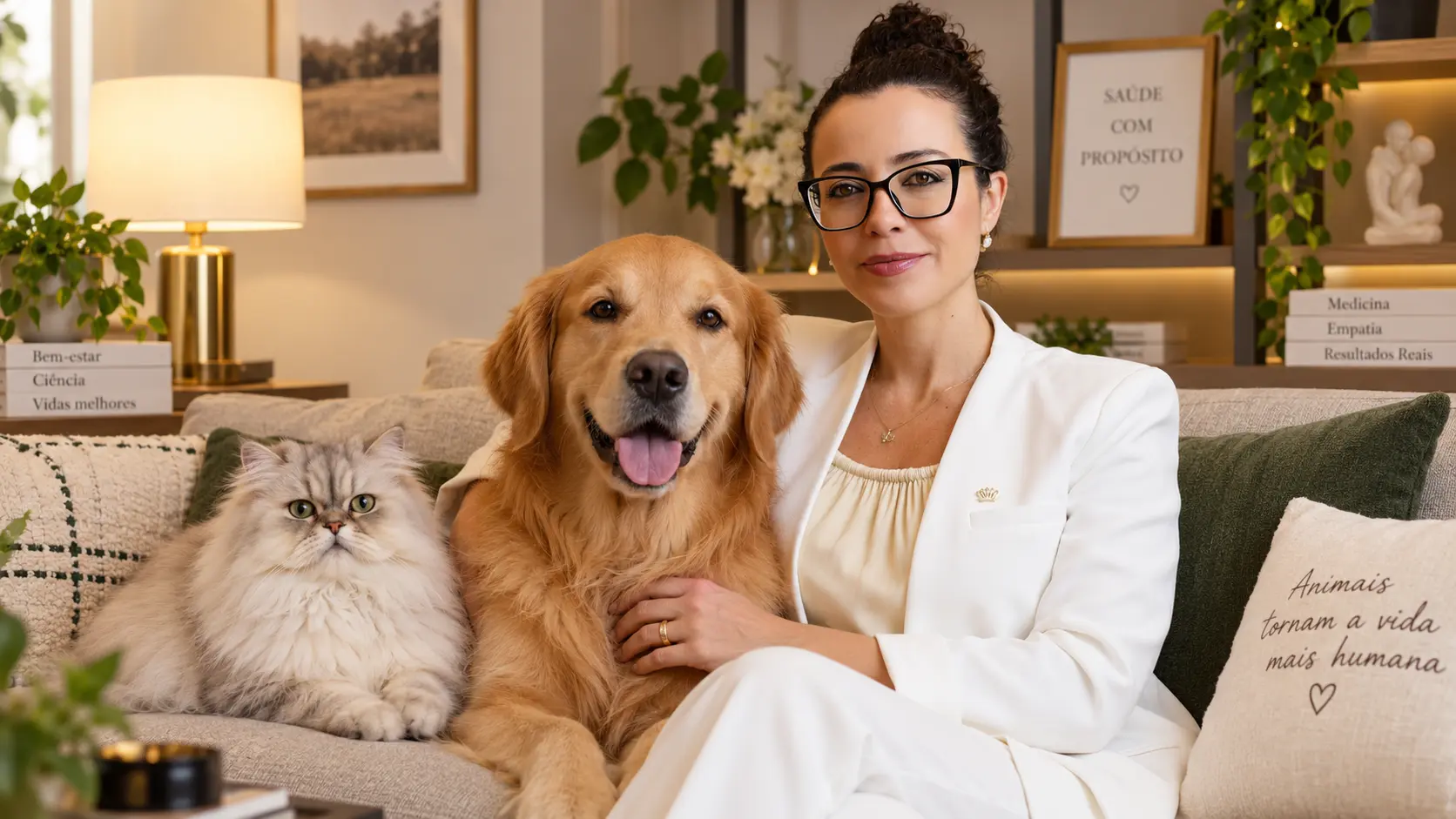 Dra. Larissa Vilela sentada ao lado de um cachorro e um gato