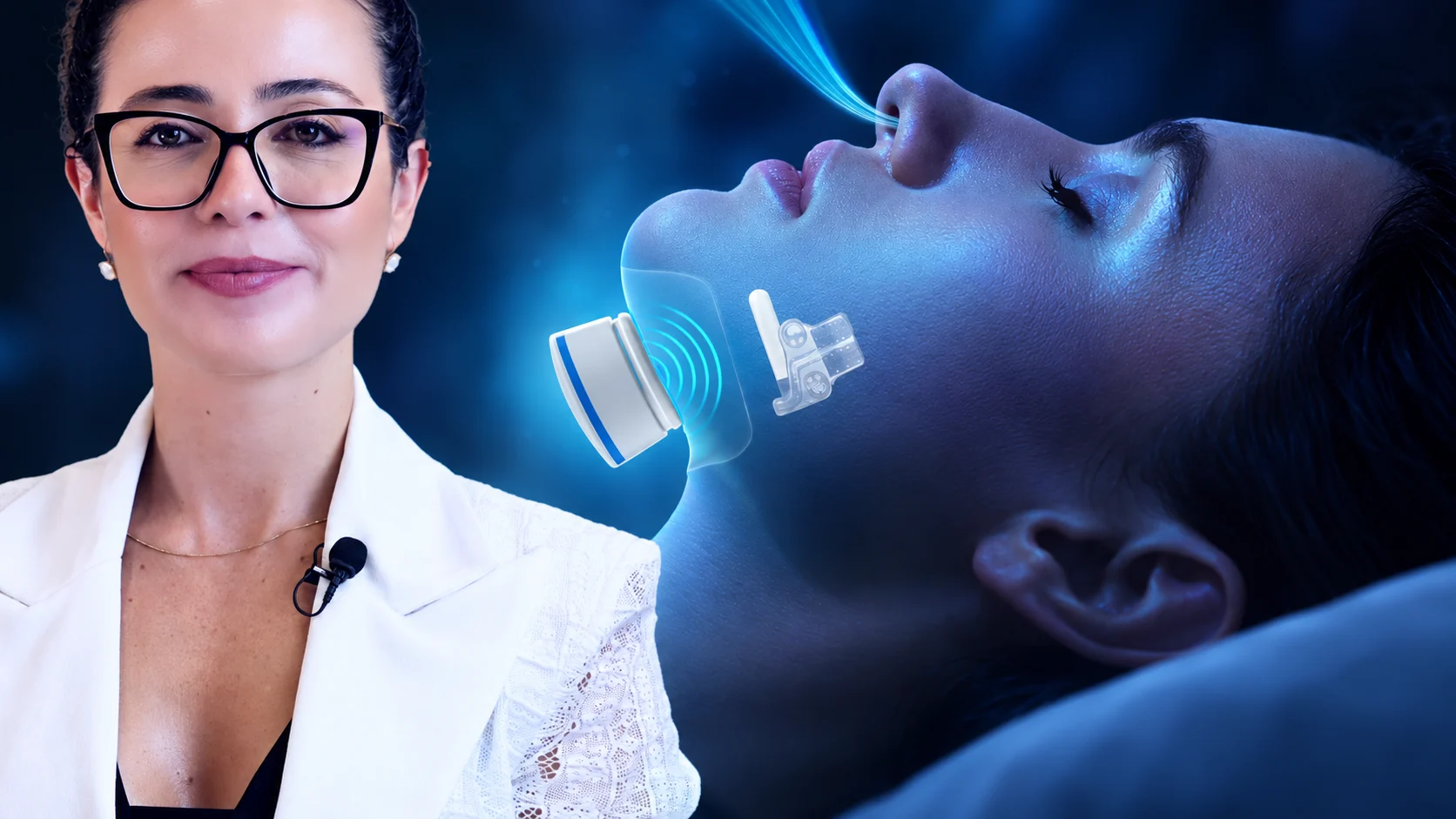 Dra. Larissa Vilela ao lado da ilustração de uma mulher dormindo com o estimulador do nervo hipoglosso implantado sob o queixo e a unidade externa que o ativa durante o sono