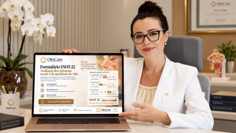 Médica otorrino ao lado do questionário SNOT-22 e de uma ilustração dos seios da face, representando o impacto da sinusite na qualidade de vida
