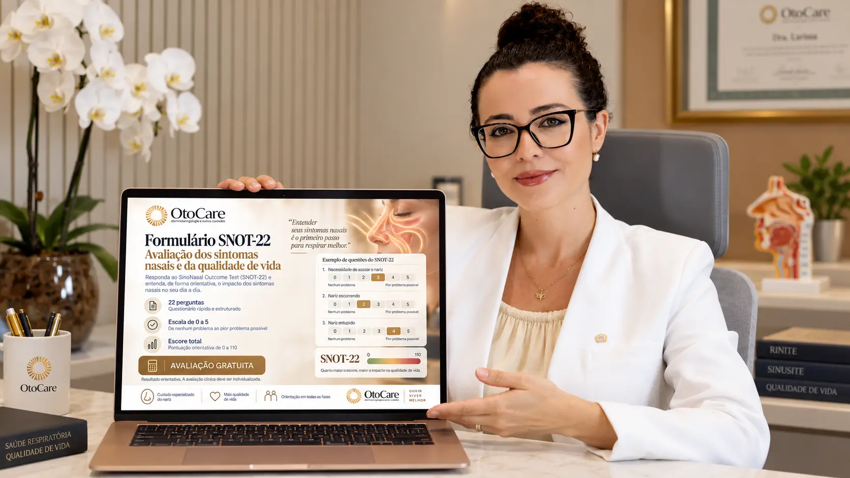 Médica otorrino ao lado do questionário SNOT-22 e de uma ilustração dos seios da face, representando o impacto da sinusite na qualidade de vida