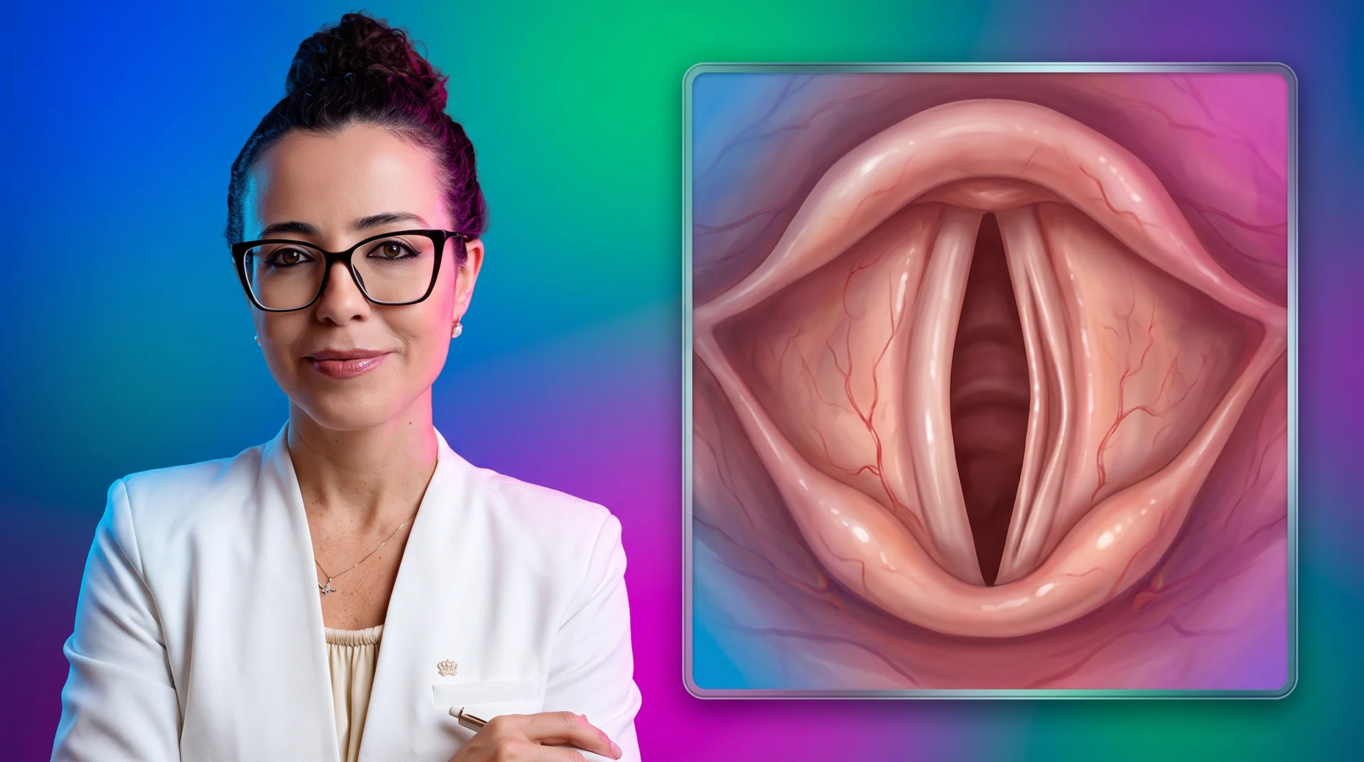 Dra. Larissa Vilela ao lado de ilustração da laringe vista de cima, com as duas pregas vocais