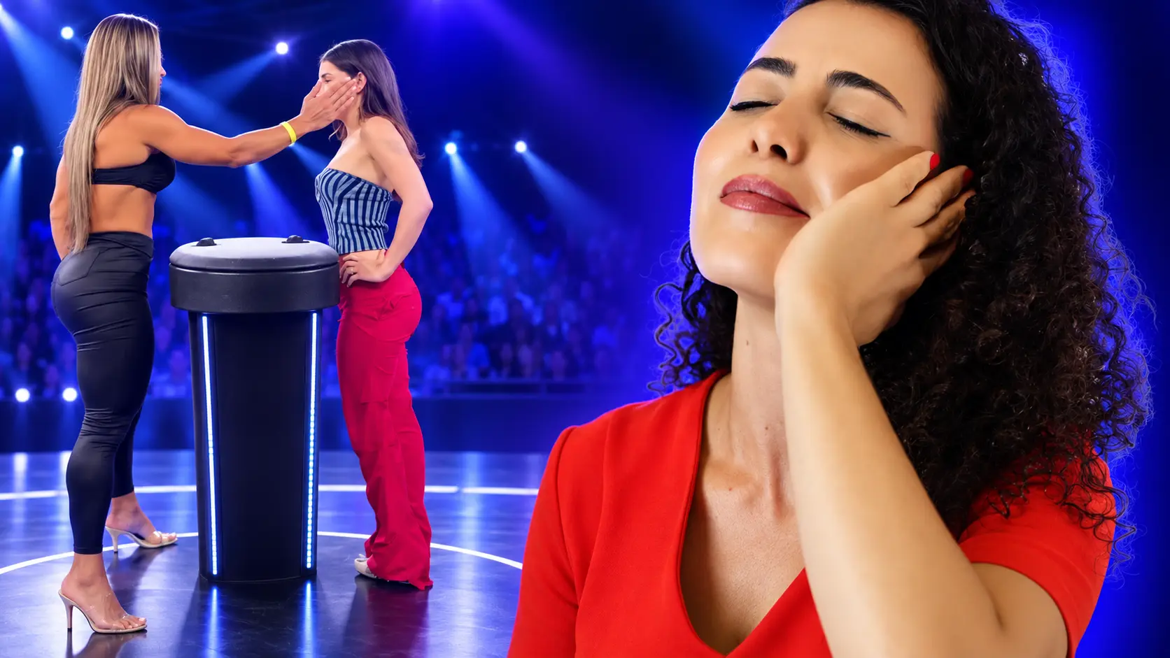 Mulher levando um tapa próximo ao ouvido e pessoa com dor após o impacto